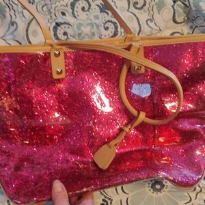 Sparkling Pink Tote Bag with Tan Accents